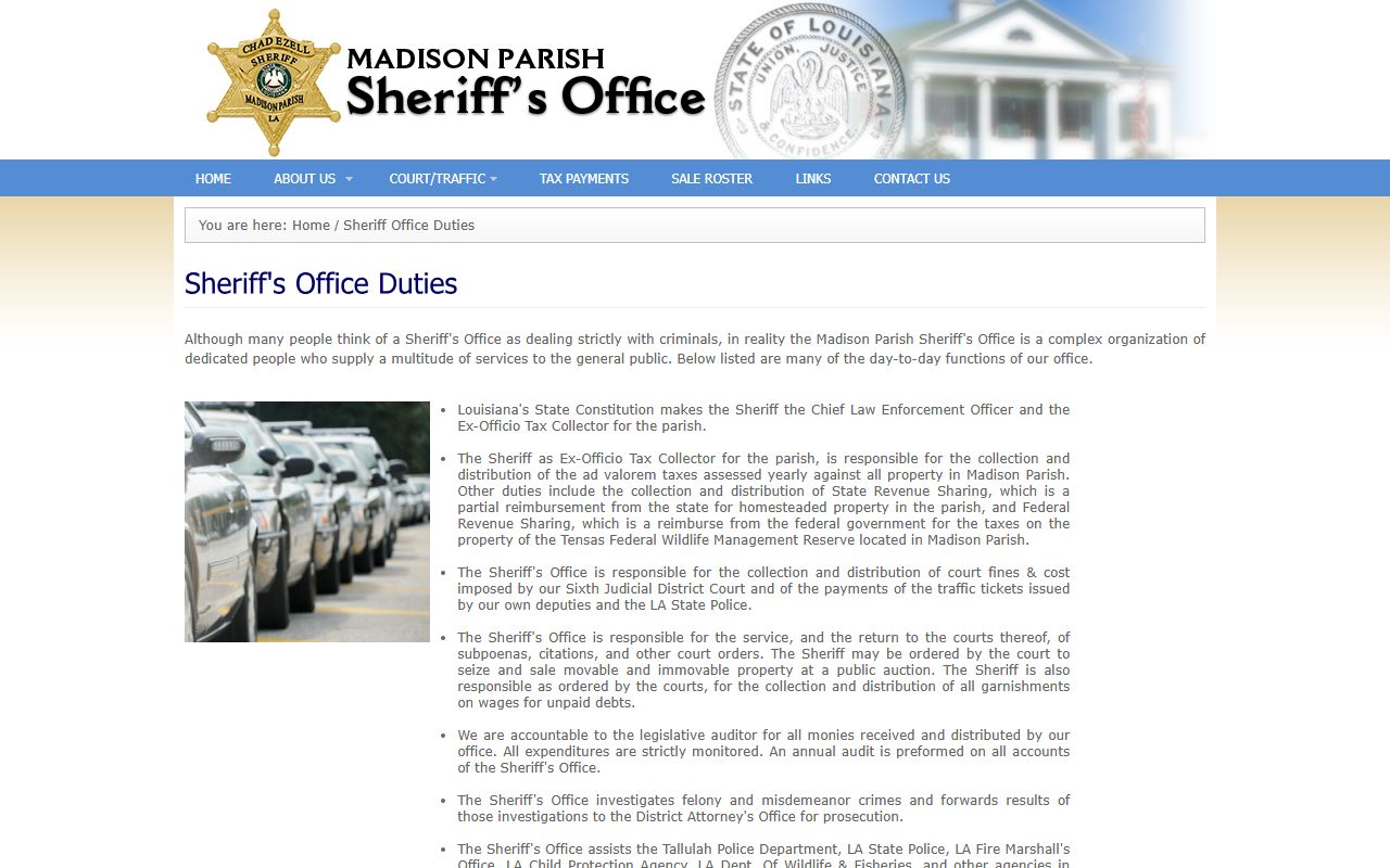 Madison Parish Sheriff's Office duties page for investigations, jail operation, bailiffs, and court orders