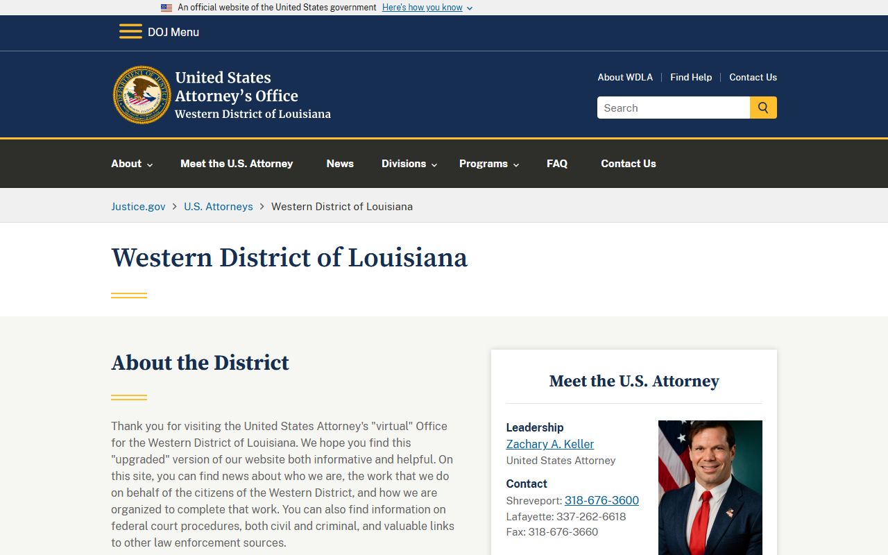 U.S. Attorney's Office for the Western District of Louisiana official website