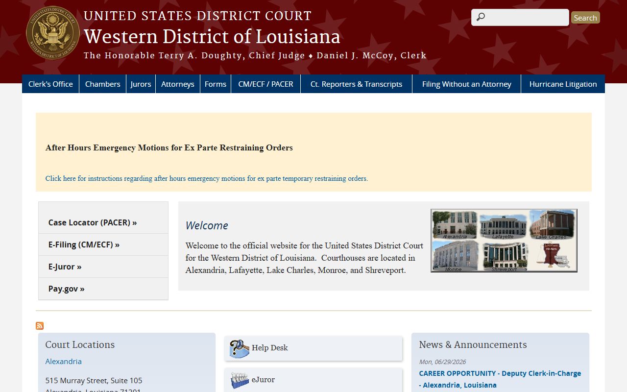 Western District of Louisiana federal court website for federal case access