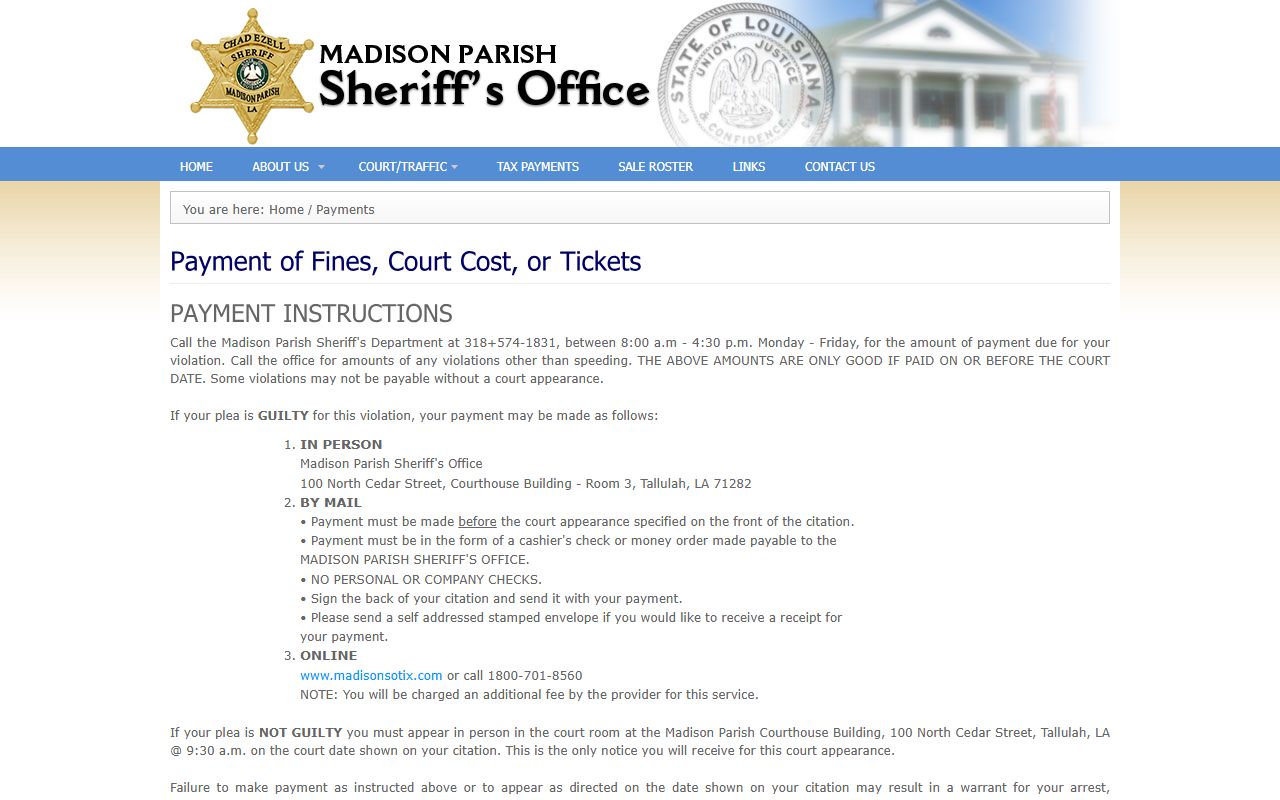 Madison Parish traffic court records sheriff ticket payment instructions