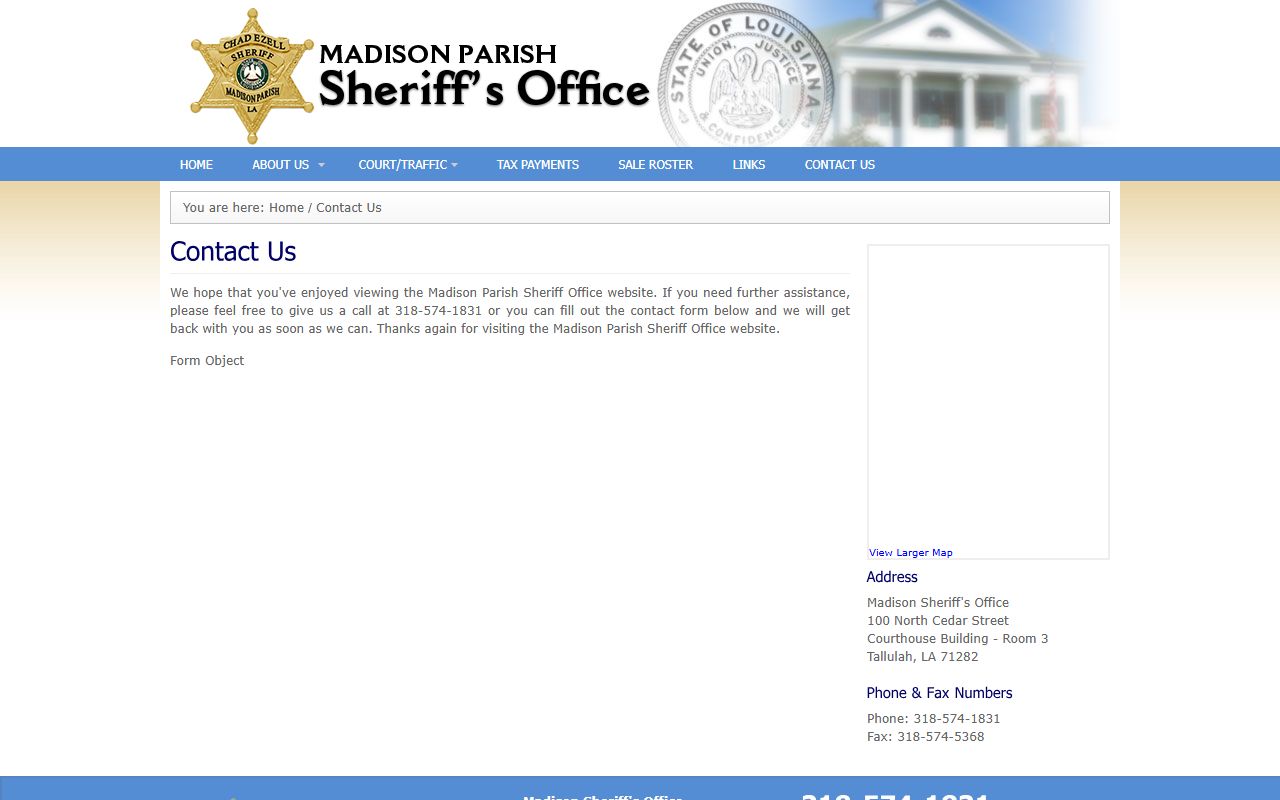 Madison Parish Sheriff's Office contact page with courthouse room address and phone number